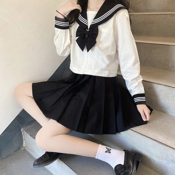 新作人気女子学生制服 靴下付4点セット セーラー服長袖/半袖上下セット JK制服 春夏秋冬服高校スカート