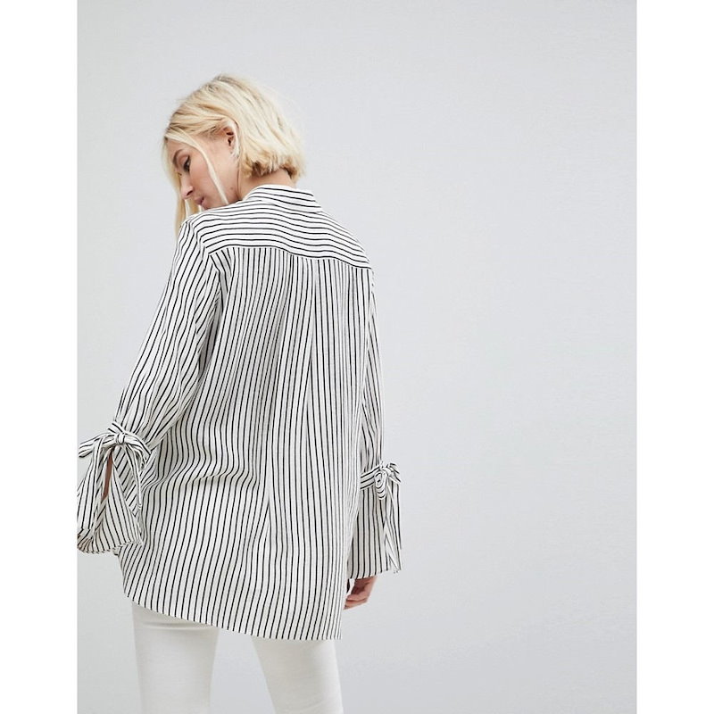リバーアイランド レディース トップス ブラウス・シャツ【River Island Tie Sleeve Stripe Shirt】White stripe リバーアイランド レディース トップス ブラウス・シャツ【River Island Tie Sleeve Stripe Shirt】White stripe