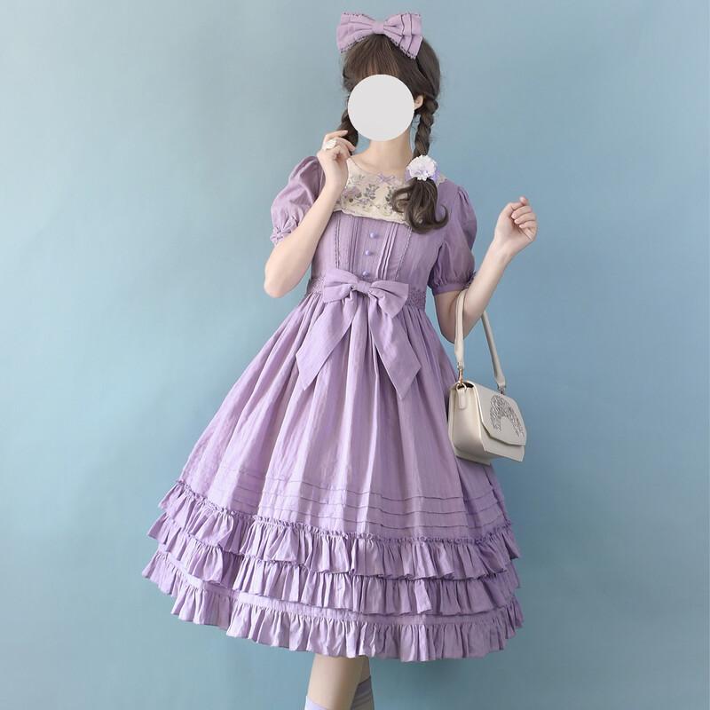 新作 ワンピース ゴスロリ クラロリ 春夏秋 長袖 半袖 選べる カチューシャ セット ドレス ロング丈 ４色 森ガール