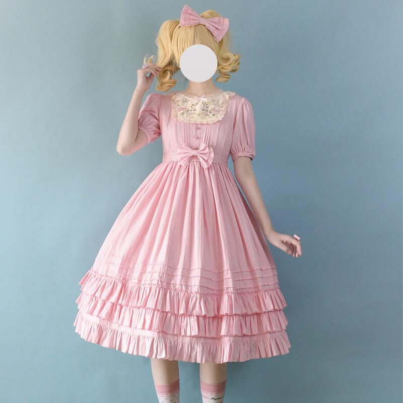 新作 ワンピース ゴスロリ クラロリ 春夏秋 長袖 半袖 選べる カチューシャ セット ドレス ロング丈 ４色 森ガール