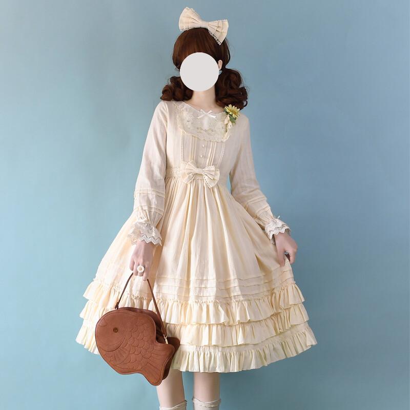 新作 ワンピース ゴスロリ クラロリ 春夏秋 長袖 半袖 選べる カチューシャ セット ドレス ロング丈 ４色 森ガール