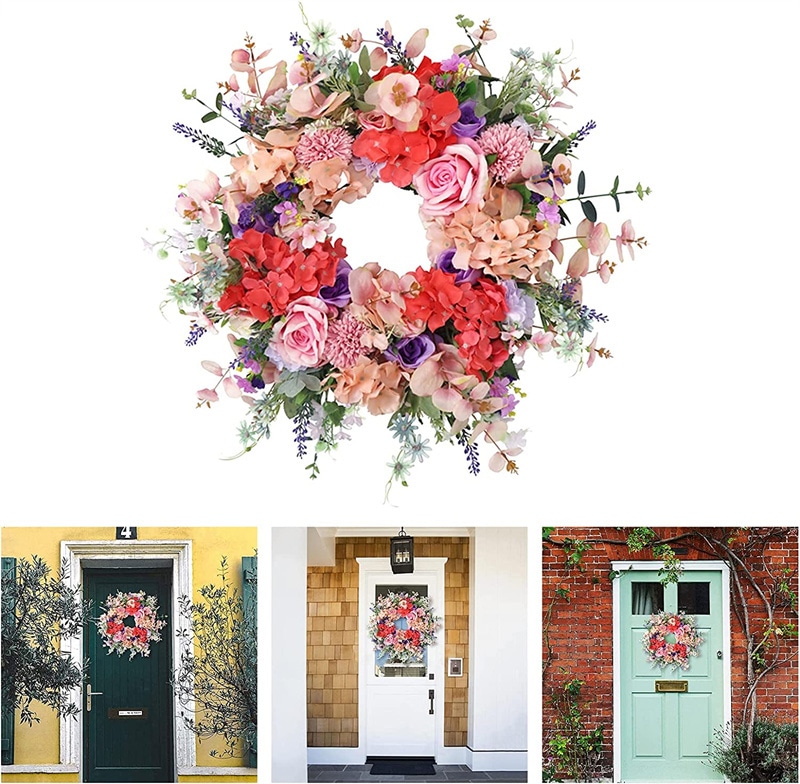 ローズ リース 正面玄関 24インチ 60cm 大きなフラワー リース 春 夏 オールシーズン 屋外 緑 ル リース 壁掛け フェイク フェイクフラワー クリスマス 誕生日プレゼント 花 ギフト 開店