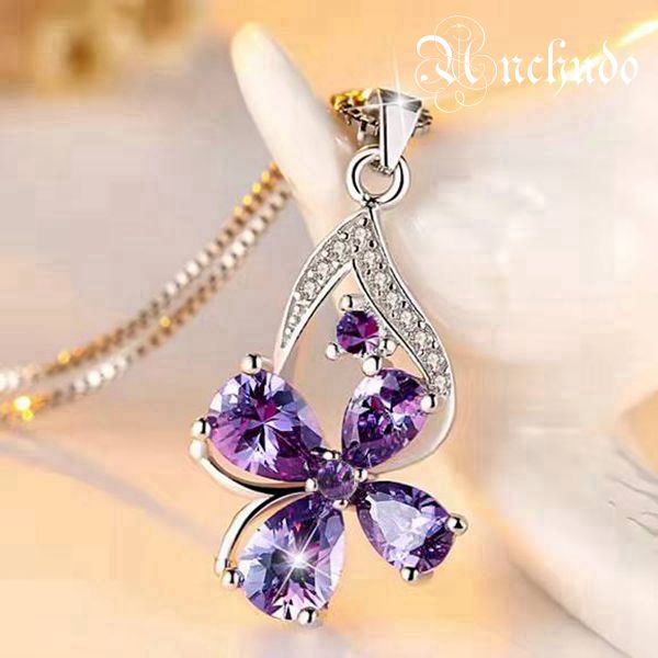 枝花 蝶 四つ葉のクローバー ネックレス レディース 水晶 プラチナ仕上げ 枝花 蝶 四つ葉のクローバー ネックレス レディース 水晶 プラチナ仕上げ