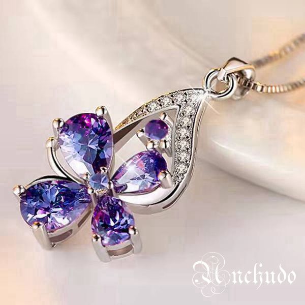 枝花 蝶 四つ葉のクローバー ネックレス レディース 水晶 プラチナ仕上げ 枝花 蝶 四つ葉のクローバー ネックレス レディース 水晶 プラチナ仕上げ