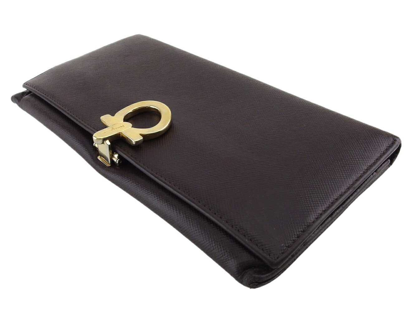 長財布 ファスナー付き 財布 ガンチーニ レディース メンズ ブラウン ゴールド 中古