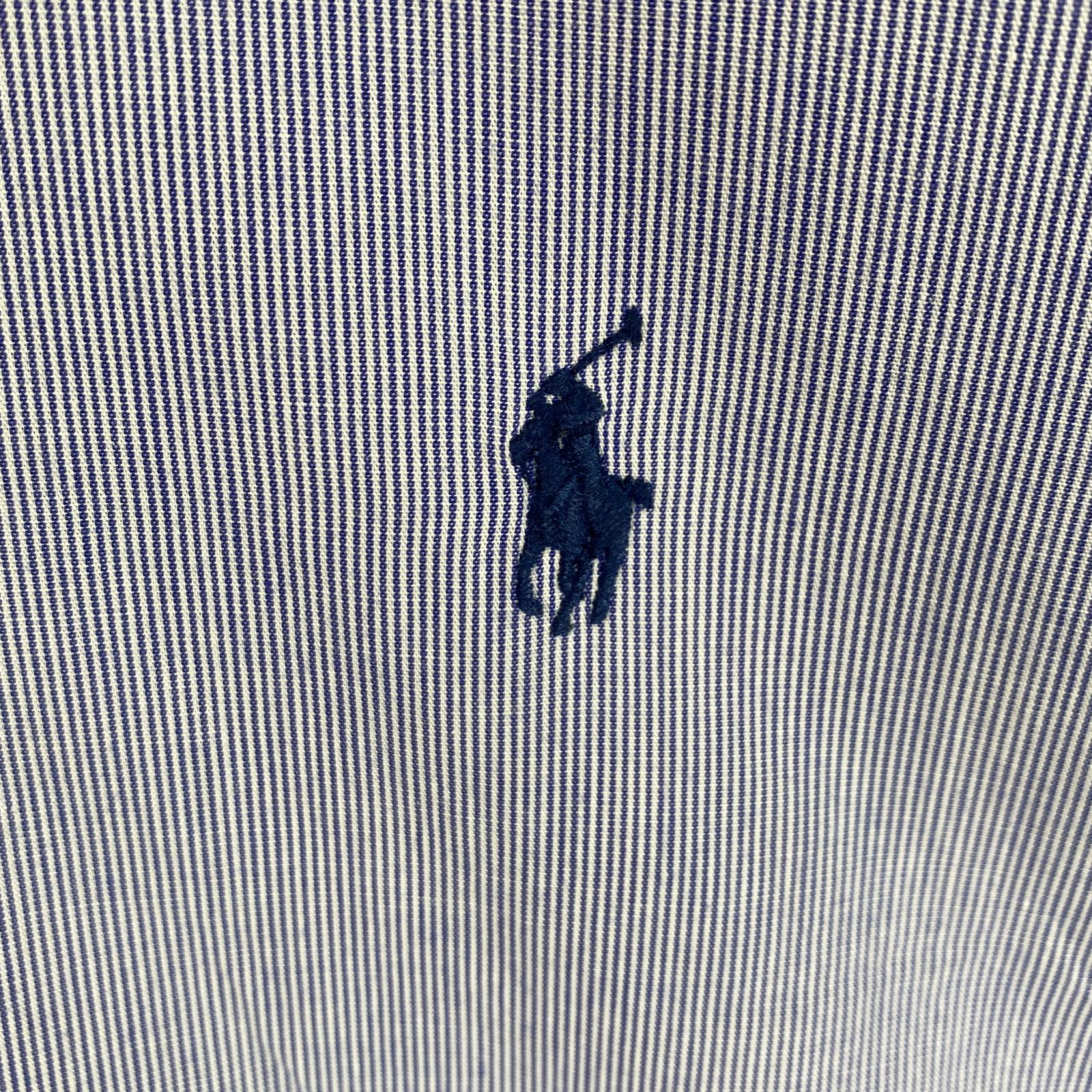 古着 長袖シャツ ボタンダウン ワンポイントロゴ刺繍 16 1/2 L ブルー系 ストライプ メンズ