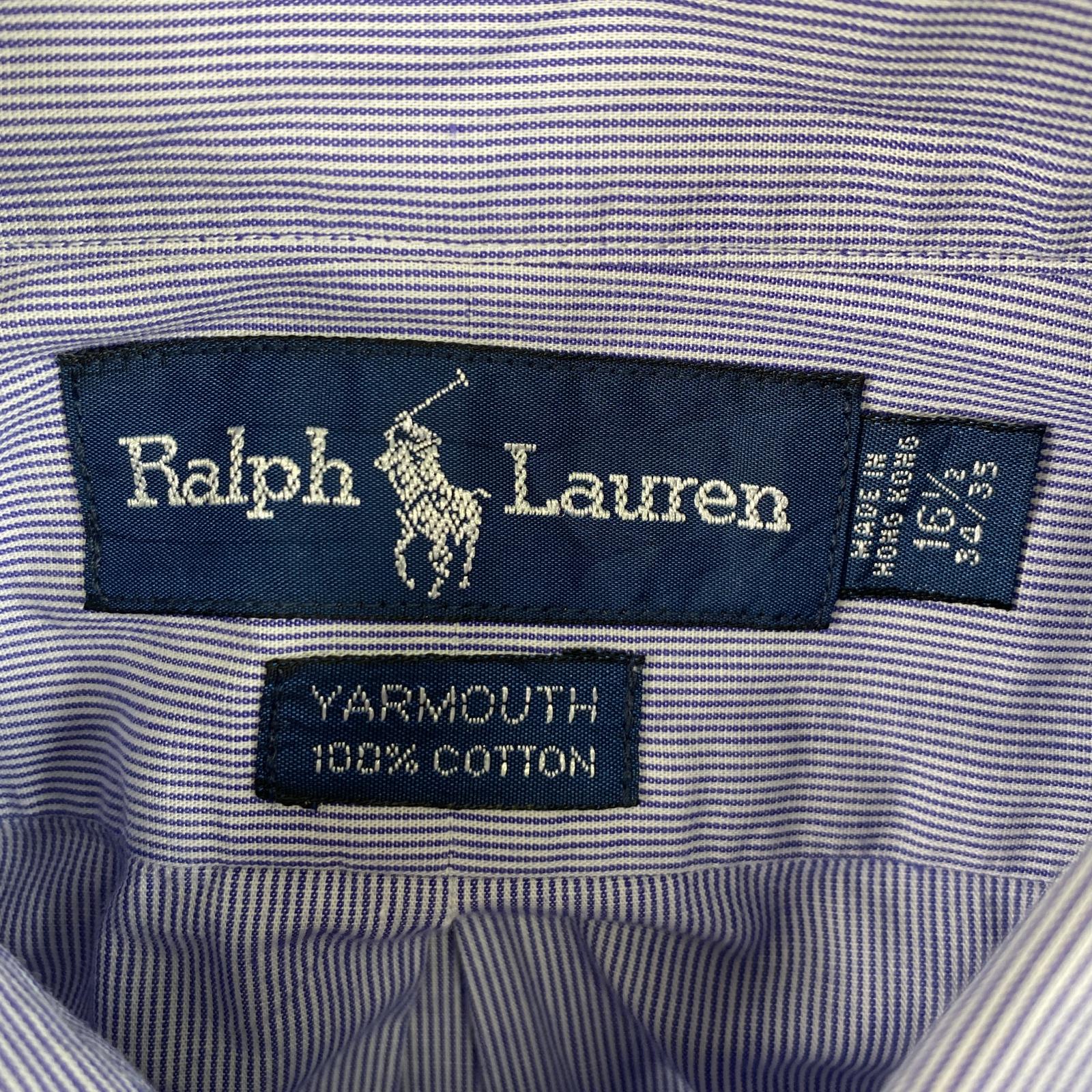 古着 長袖シャツ ボタンダウン ワンポイントロゴ刺繍 16 1/2 L ブルー系 ストライプ メンズ