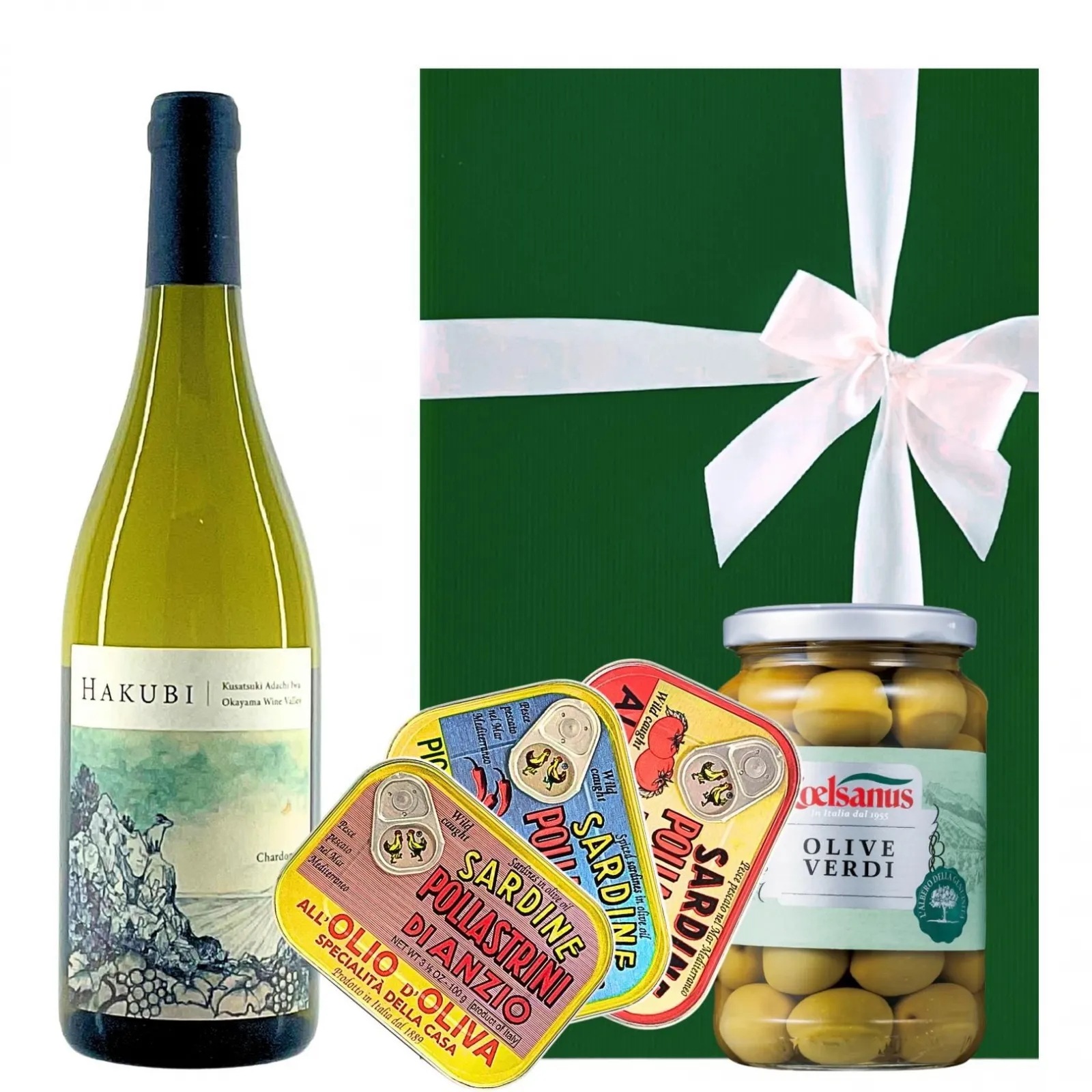 [ワインギフト] 国産 稀少な樽熟成白ワインとオリーブ＆こだわりオイルサーディン3種のセット ギフト箱入り [ラッピング付] 岡山ワインバレー ハクビ シャルドネ