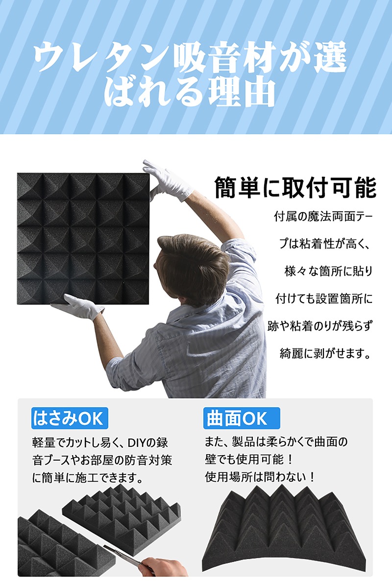 吸音材 防音材168枚 防音 吸音 壁 賃貸 防音パネル 防音シート ウレタン吸音材 スポンジ 防音材 高密度 断熱 難燃 騒音防止 緩衝材 吸音マット 室内装飾 25CM25CM5CM 両面テー