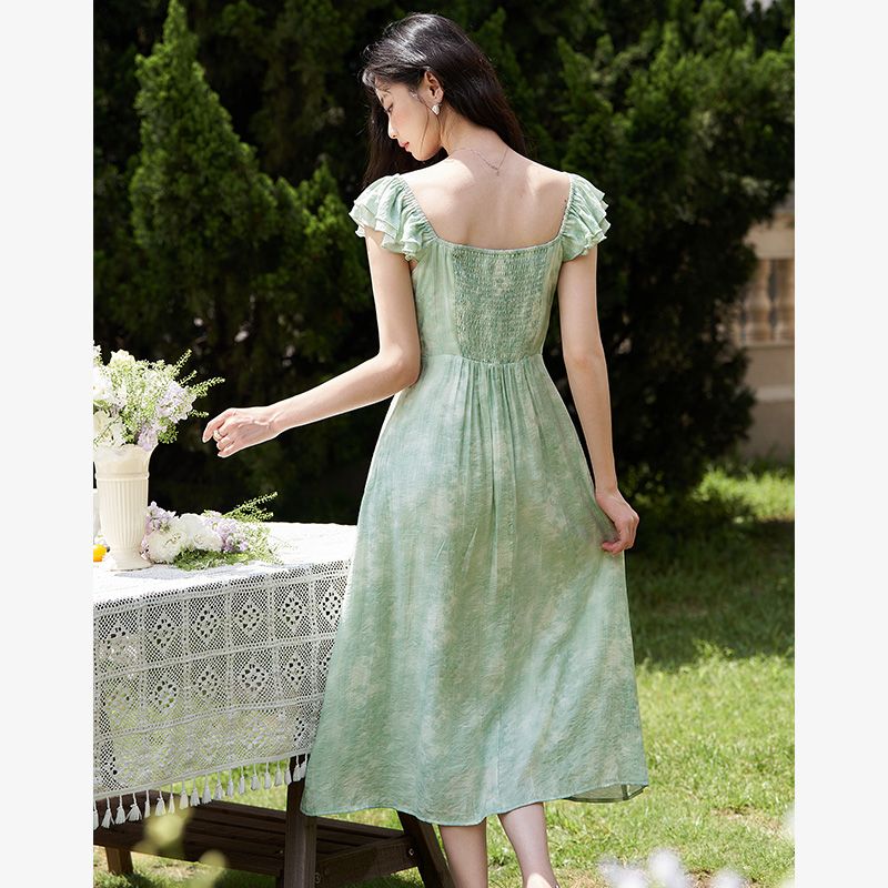 リーフグリーン サマーフレッシュワンピース 2025夏 スクエアネック