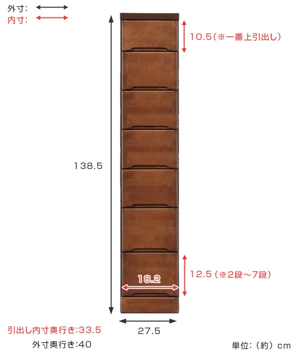 スリムチェスト 7段 すき間収納 引き出し 木製 幅27.5cm タンス チェスト ランドリーチェスト 整理タンス 完成品 収納 隙間 すきま 整理 衣類収納
