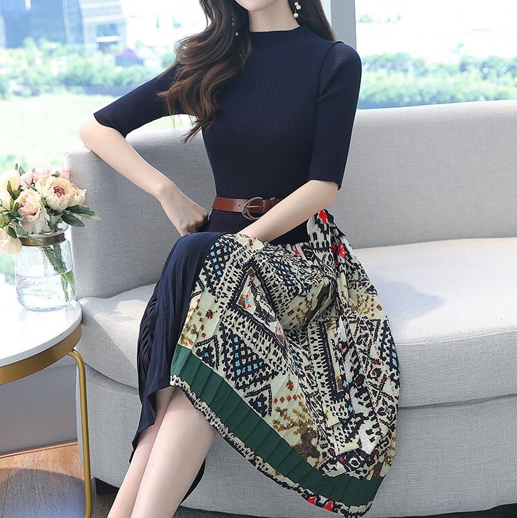 ニット ワンピース ワンピ ドレス Aライン ハイウエスト ハーフネック 切り替えし デザイン ニット ワンピース ワンピ ドレス Aライン ハイウエスト ハーフネック 切り替えし デザイン