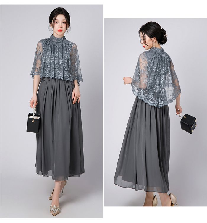 ドレス 大人 ピアノ 発表会 結婚式ドレス ケープ付き ロング レース お呼ばれ 20代 30代 袖あり ミモレ丈 体型カバー Aライン フォーマル パーティードレス イブニングドレス 発表会ドレス