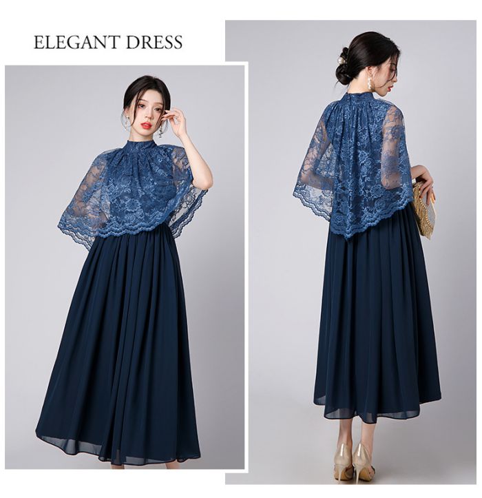 ドレス 大人 ピアノ 発表会 結婚式ドレス ケープ付き ロング レース お呼ばれ 20代 30代 袖あり ミモレ丈 体型カバー Aライン フォーマル パーティードレス イブニングドレス 発表会ドレス