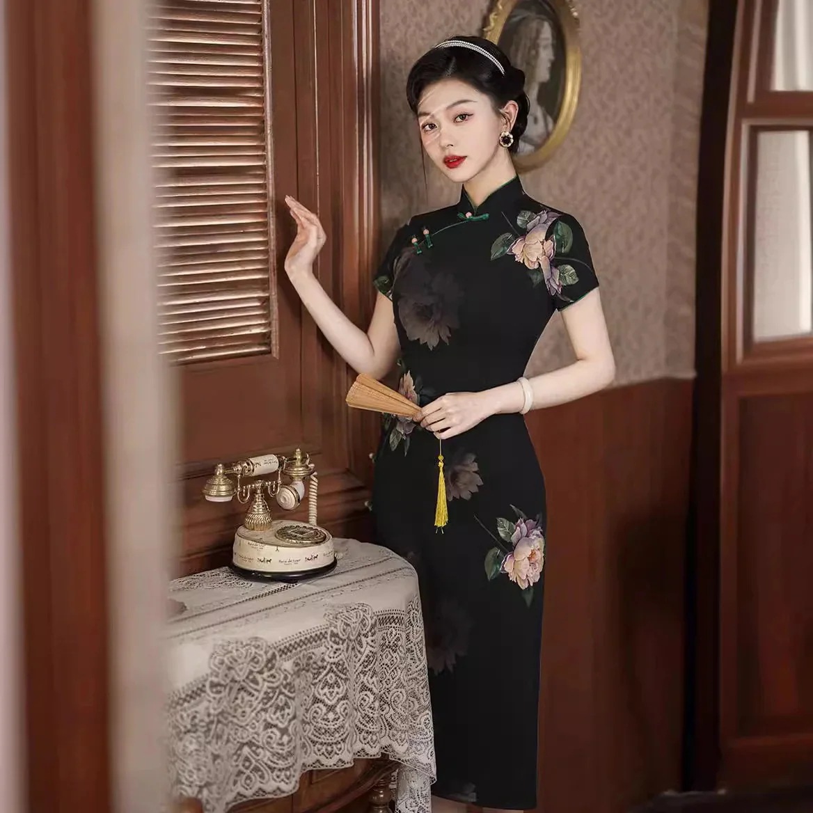 【急速出荷!】ロングスカート25改良版チャイナドレスデイリーノースリーブ七分袖ロータススタイルロングスリムチャイナドレス 【急速出荷!】ロングスカート25改良版チャイナドレスデイリーノースリーブ七分袖ロータススタイルロングスリムチャイナドレス