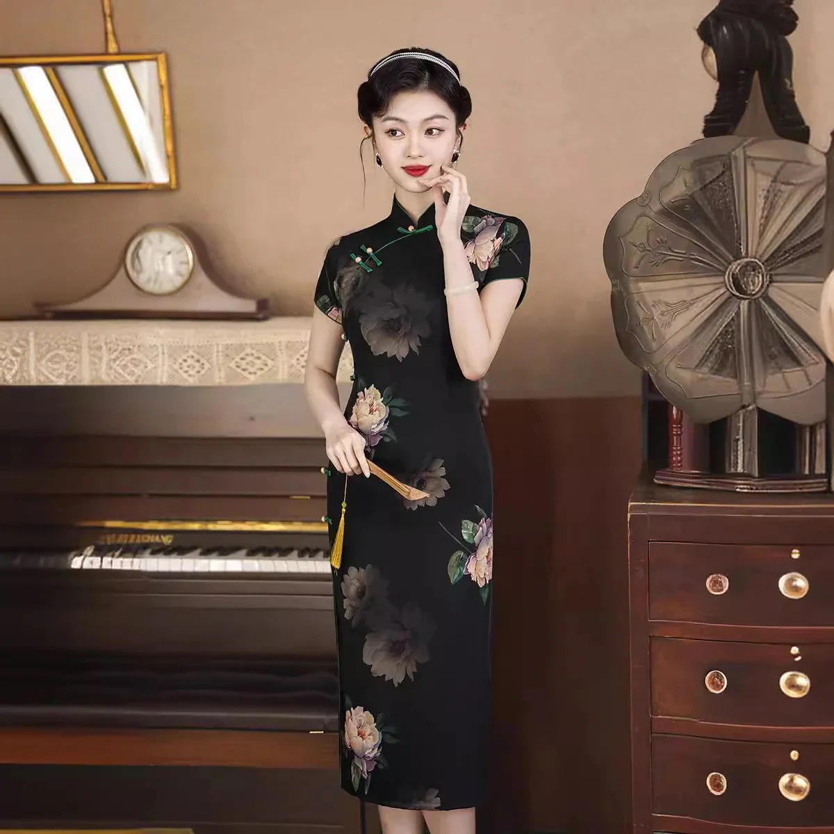 【急速出荷!】ロングスカート25改良版チャイナドレスデイリーノースリーブ七分袖ロータススタイルロングスリムチャイナドレス 【急速出荷!】ロングスカート25改良版チャイナドレスデイリーノースリーブ七分袖ロータススタイルロングスリムチャイナドレス