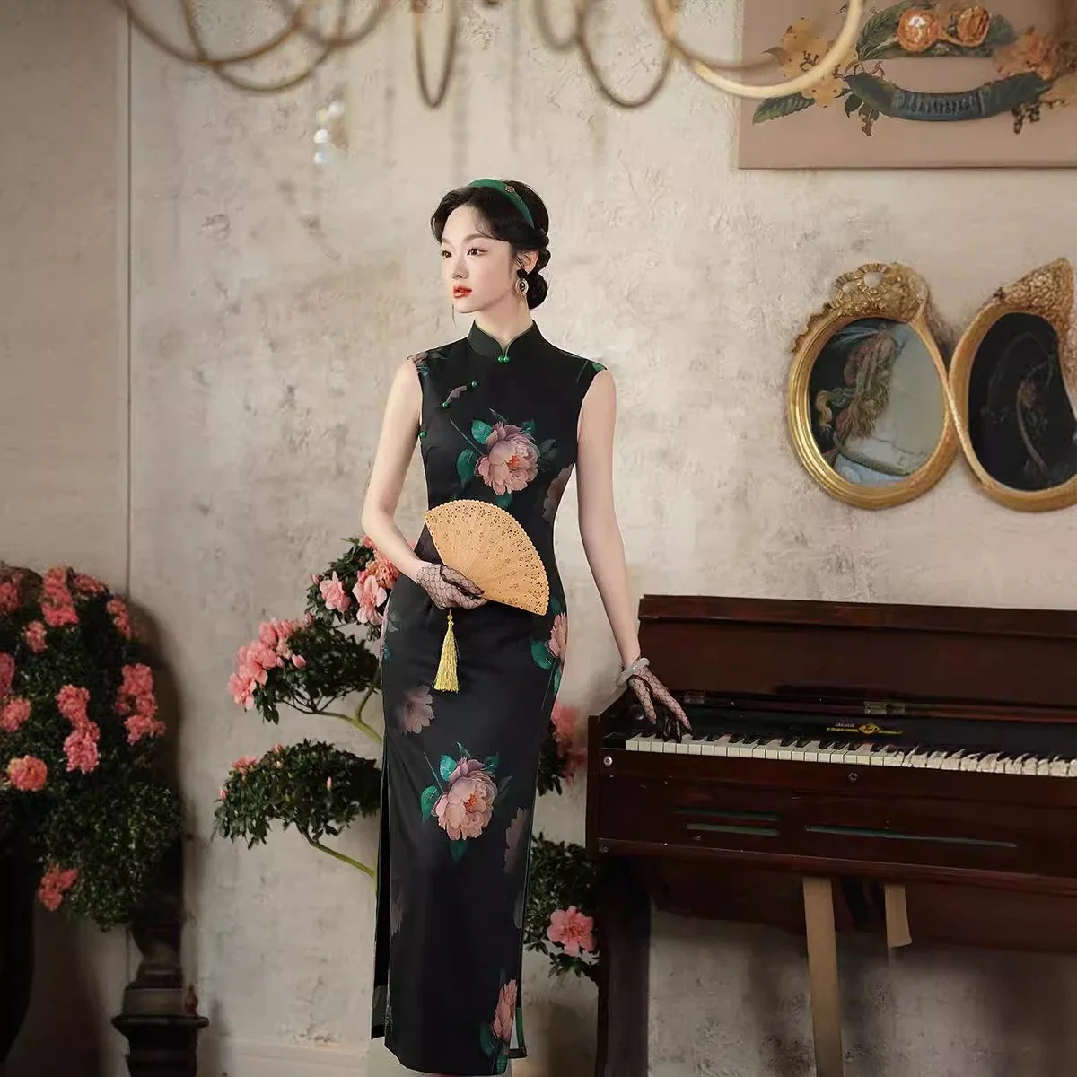 【急速出荷!】ロングスカート25改良版チャイナドレスデイリーノースリーブ七分袖ロータススタイルロングスリムチャイナドレス 【急速出荷!】ロングスカート25改良版チャイナドレスデイリーノースリーブ七分袖ロータススタイルロングスリムチャイナドレス