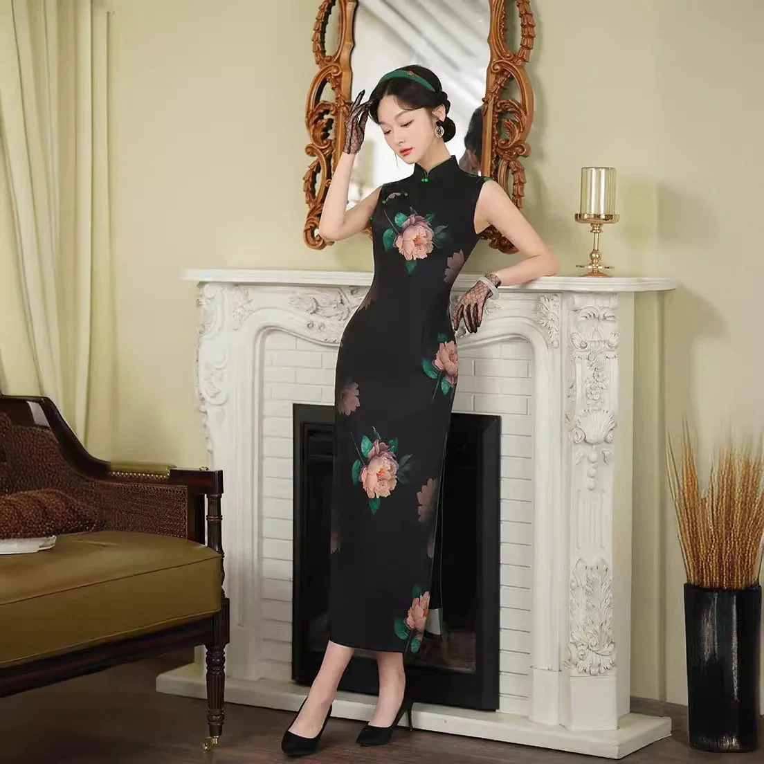 【急速出荷!】ロングスカート25改良版チャイナドレスデイリーノースリーブ七分袖ロータススタイルロングスリムチャイナドレス 【急速出荷!】ロングスカート25改良版チャイナドレスデイリーノースリーブ七分袖ロータススタイルロングスリムチャイナドレス