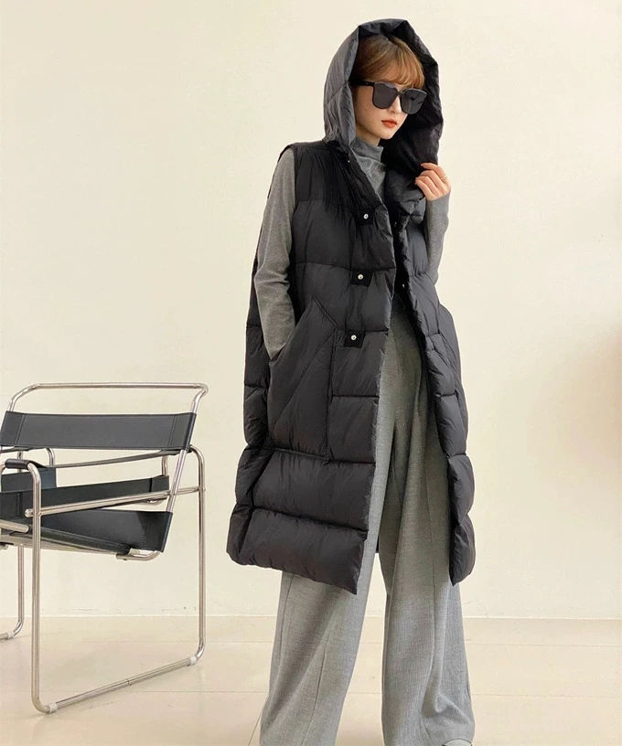 ダウンベスト ロング レディース ロングダウンベスト アウター ベスト ダウン ロングベスト ロング丈 保温性 防寒 秋冬 フード付き 大きいサイズ 暖かい デイリー 普段使い 上品 お呼ばれ おしゃ