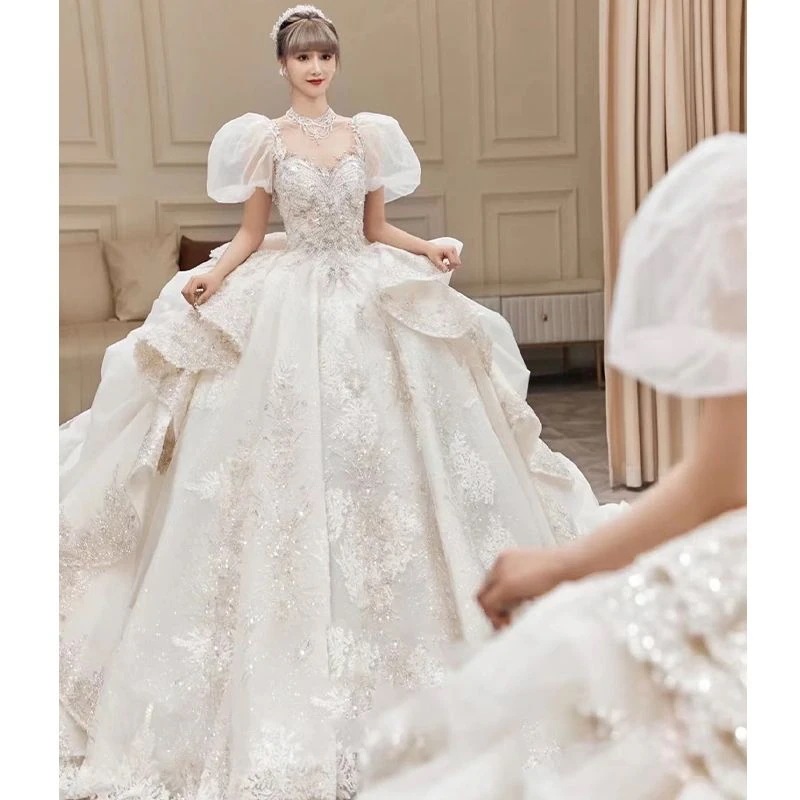 パフスリーブプチウェディングドレス2024花嫁重工感ビッグテール