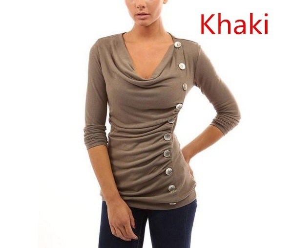 新しいファッション女性スリムシングルブレストベーシックTシャツ秋の純粋なカラーコットンのトップス 新しいファッション女性スリムシングルブレストベーシックTシャツ秋の純粋なカラーコットンのトップス