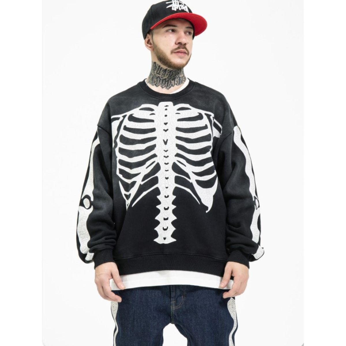 【2点購入で150OFF】[最安値保証*即納]プルオーバー スウェット 裏起毛 起毛 トップス メンズ 長袖 切り替え 異素材 キルティング 中綿 プリント スカル スケルトン バンド Ｂ系 黒 一枚