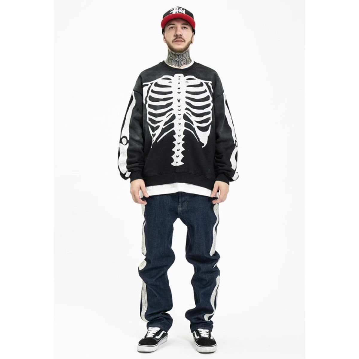 【2点購入で150OFF】[最安値保証*即納]プルオーバー スウェット 裏起毛 起毛 トップス メンズ 長袖 切り替え 異素材 キルティング 中綿 プリント スカル スケルトン バンド Ｂ系 黒 一枚