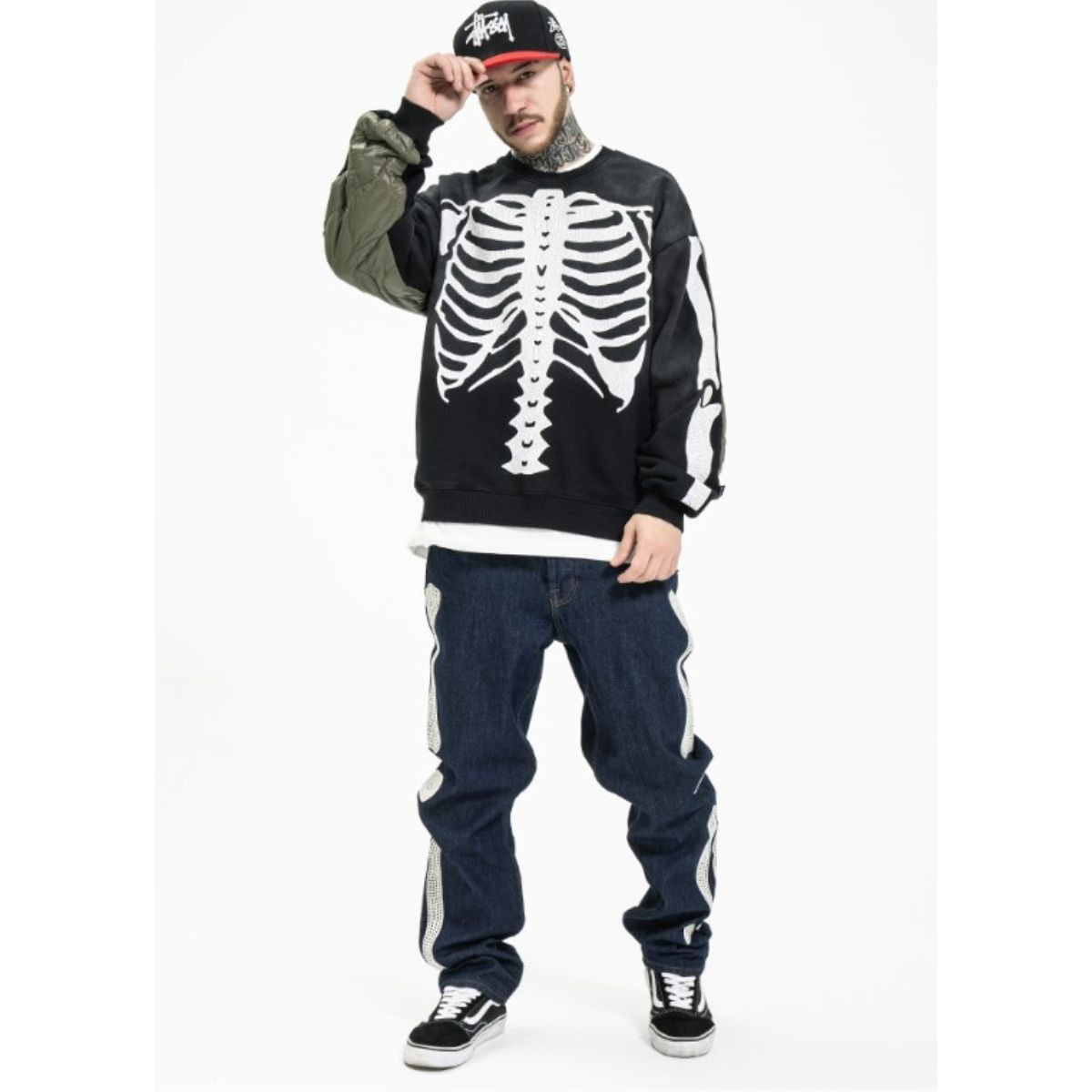 【2点購入で150OFF】[最安値保証*即納]プルオーバー スウェット 裏起毛 起毛 トップス メンズ 長袖 切り替え 異素材 キルティング 中綿 プリント スカル スケルトン バンド Ｂ系 黒 一枚