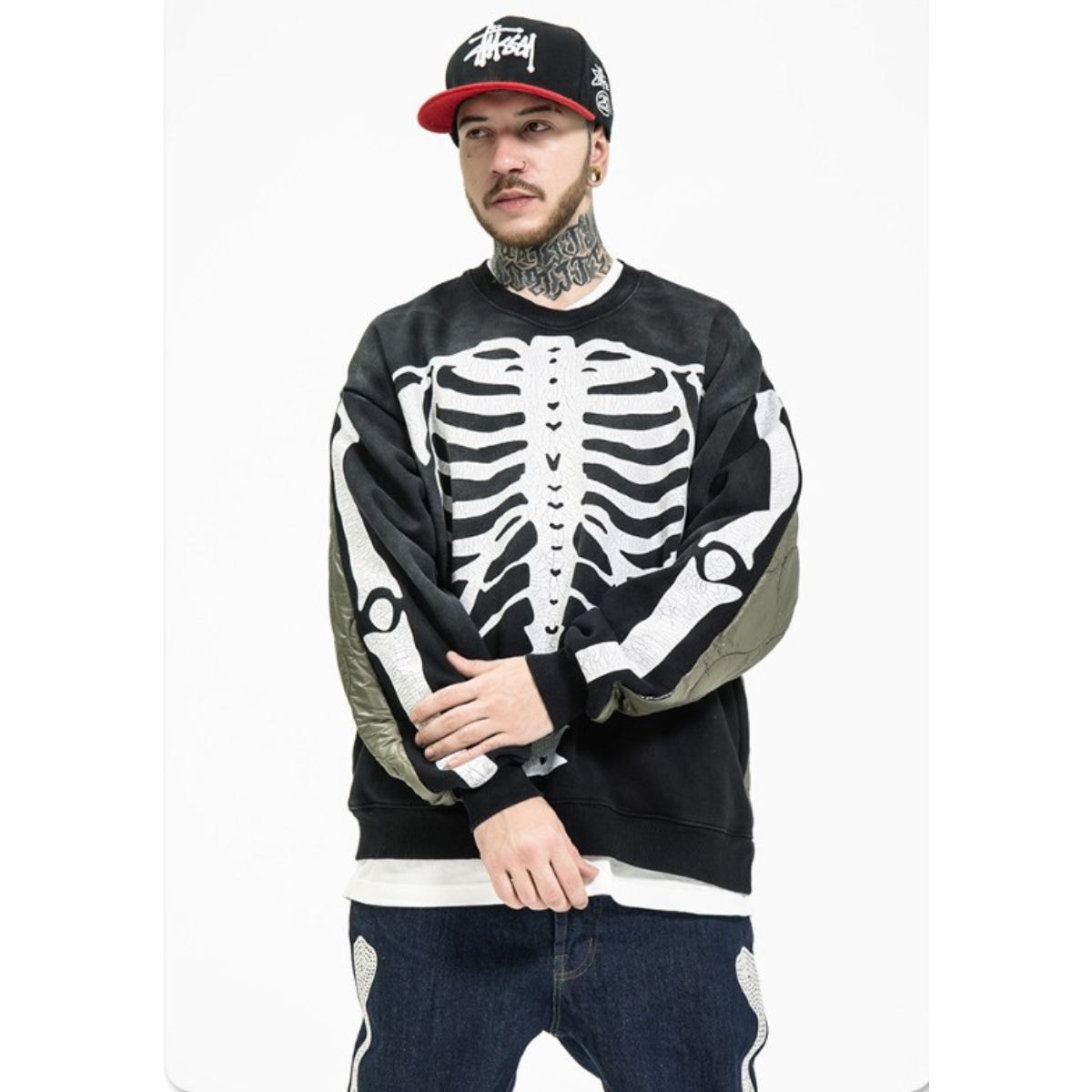 【2点購入で150OFF】[最安値保証*即納]プルオーバー スウェット 裏起毛 起毛 トップス メンズ 長袖 切り替え 異素材 キルティング 中綿 プリント スカル スケルトン バンド Ｂ系 黒 一枚