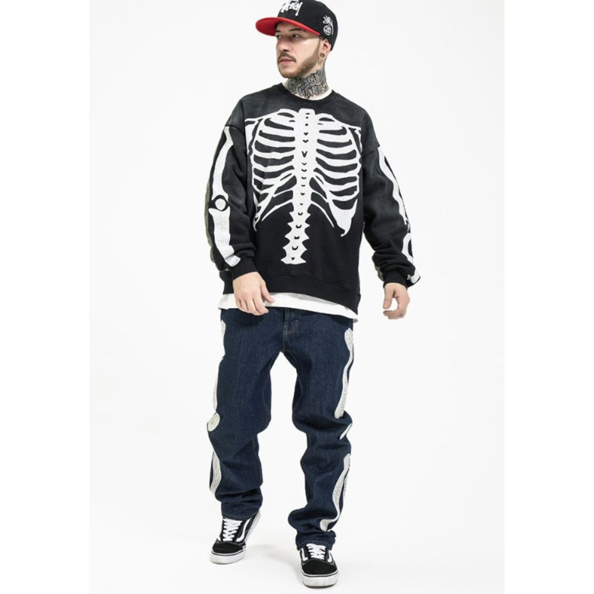 【2点購入で150OFF】[最安値保証*即納]プルオーバー スウェット 裏起毛 起毛 トップス メンズ 長袖 切り替え 異素材 キルティング 中綿 プリント スカル スケルトン バンド Ｂ系 黒 一枚