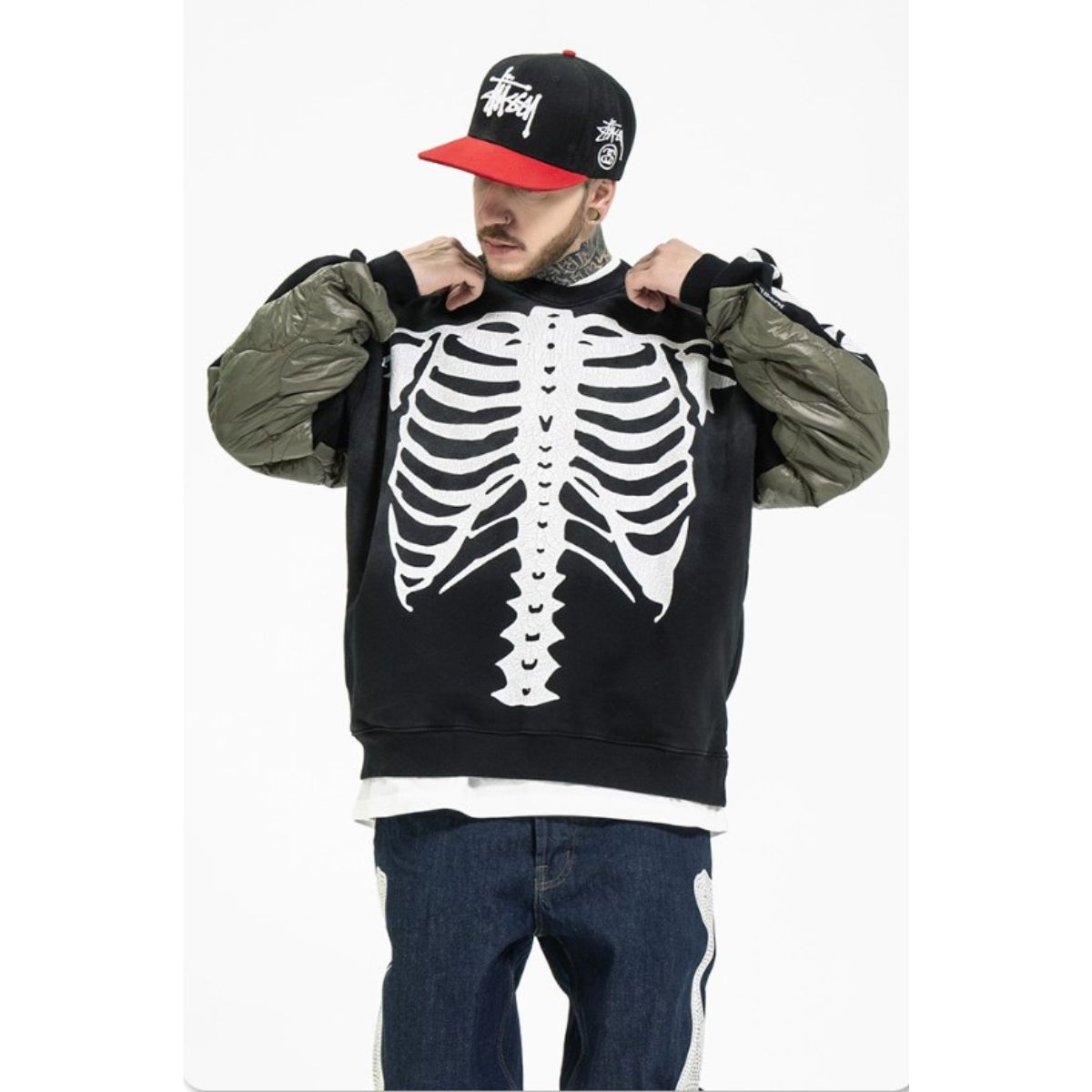 【2点購入で150OFF】[最安値保証*即納]プルオーバー スウェット 裏起毛 起毛 トップス メンズ 長袖 切り替え 異素材 キルティング 中綿 プリント スカル スケルトン バンド Ｂ系 黒 一枚
