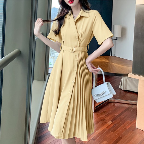 プリーツ ラップ 女性 半袖 カラー ロング ワンピース 夏 スカート