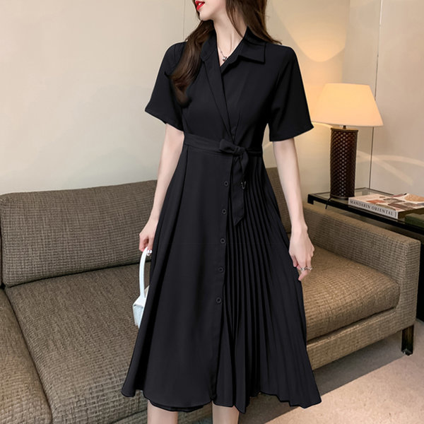 プリーツ ラップ 女性 半袖 カラー ロング ワンピース 夏 スカート