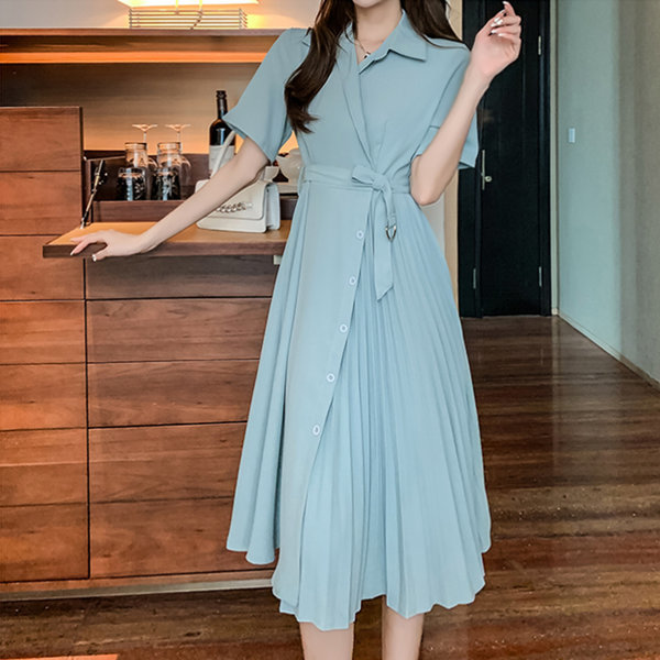 プリーツ ラップ 女性 半袖 カラー ロング ワンピース 夏 スカート