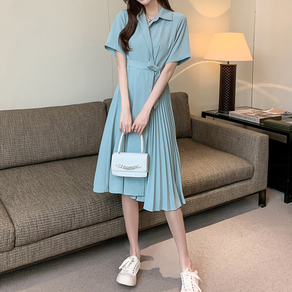 プリーツ ラップ 女性 半袖 カラー ロング ワンピース 夏 スカート