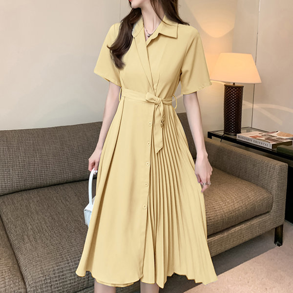 プリーツ ラップ 女性 半袖 カラー ロング ワンピース 夏 スカート