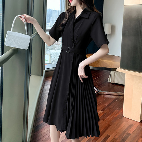 プリーツ ラップ 女性 半袖 カラー ロング ワンピース 夏 スカート