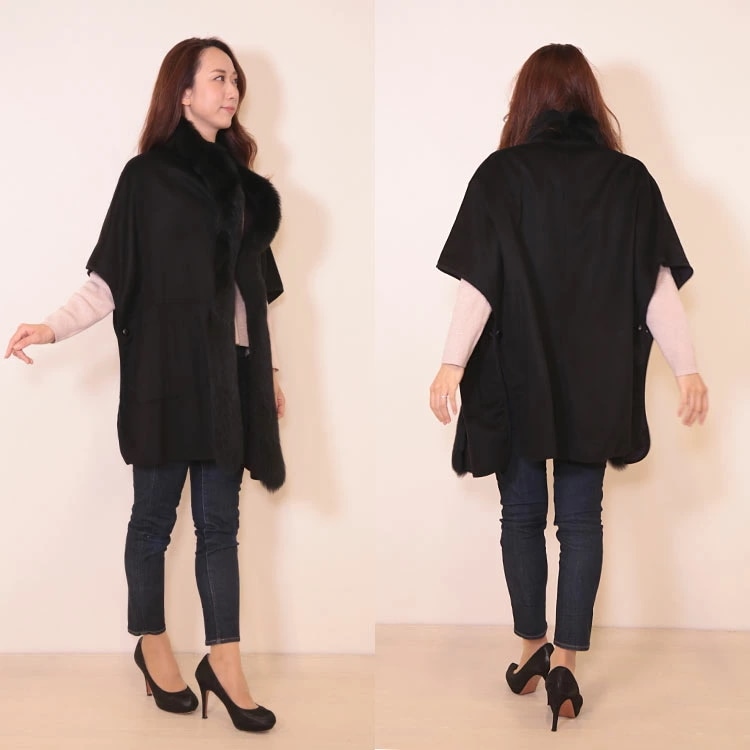 カシミヤ100％ケープジャケットフォックスファー