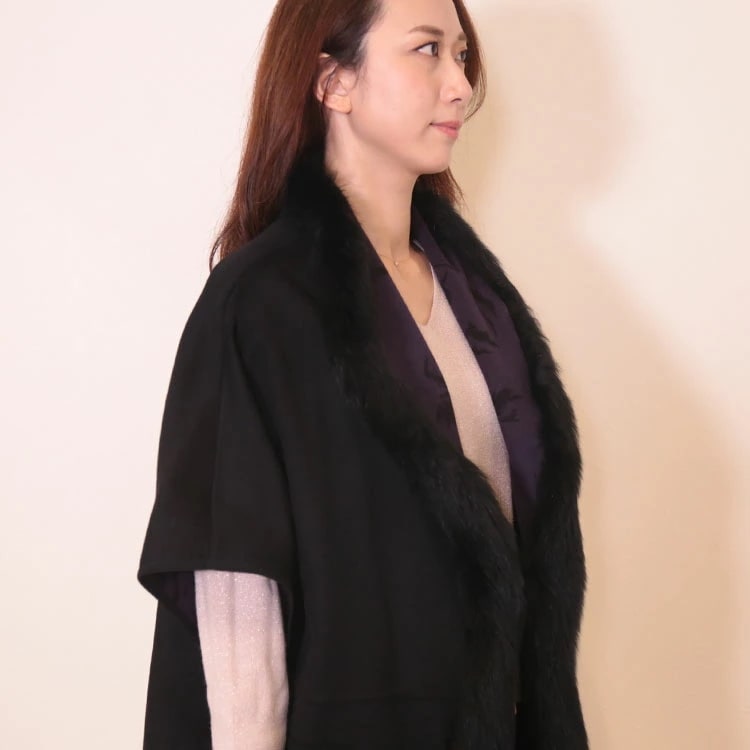 カシミヤ100％ケープジャケットフォックスファー