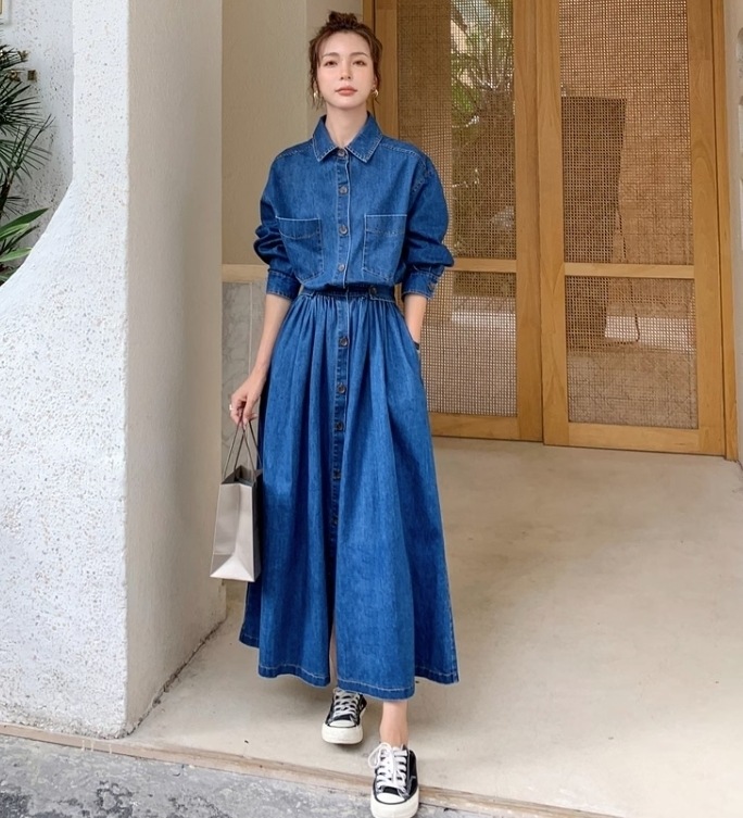 デニム シャツワンピース フレア フロントボタン ストリート 長袖 無地 ロング パーティースタイル ホームパーティーアイテム デニム オフィススタイル シャツワンピース エレガントスタイル