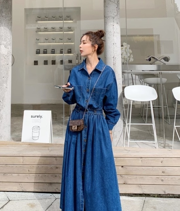 デニム シャツワンピース フレア フロントボタン ストリート 長袖 無地 ロング パーティースタイル ホームパーティーアイテム デニム オフィススタイル シャツワンピース エレガントスタイル