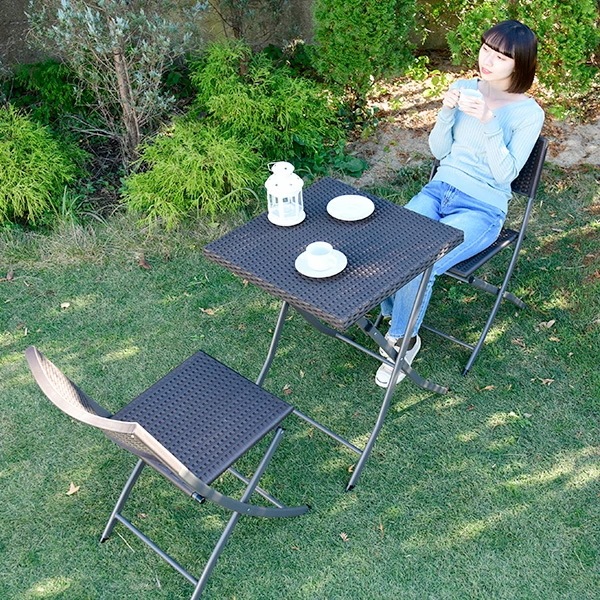 ガーデン テーブル セット コンパクト 3点セット ラタン調