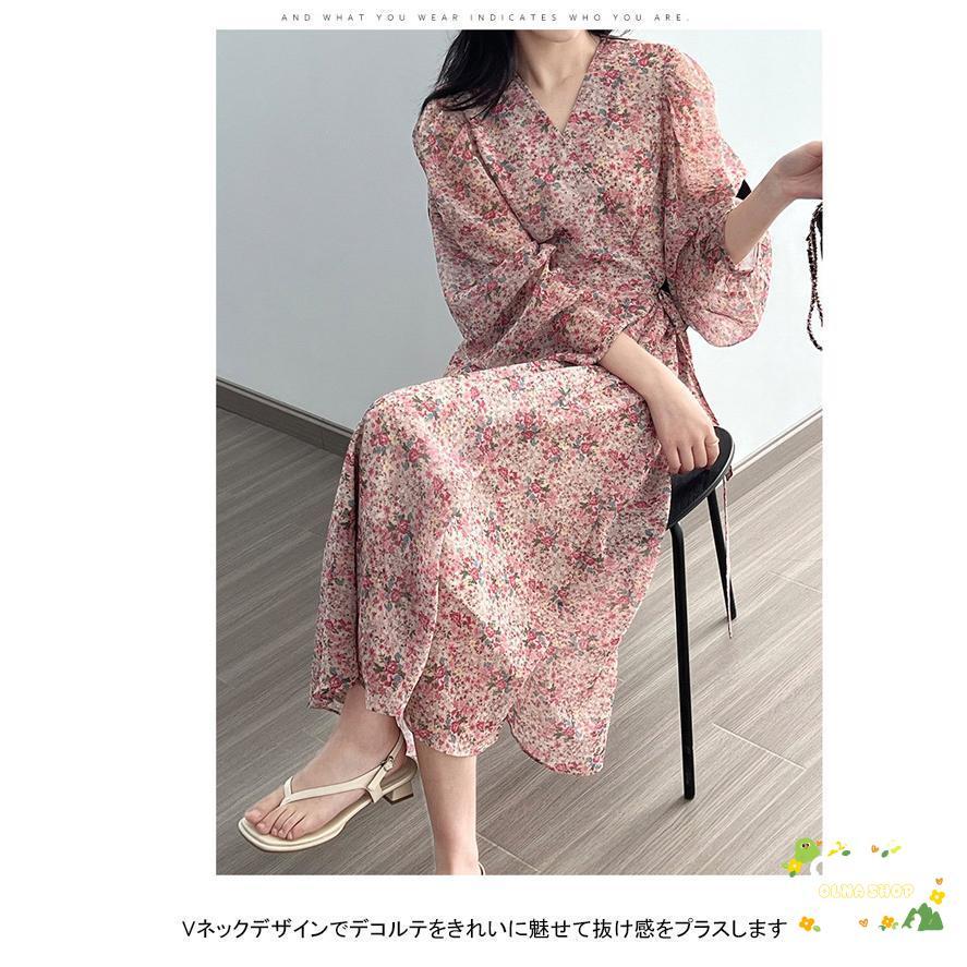 シフォンワンピース レディース ロングワンピース 花柄 Vネック 長袖 フレア 裏地付き 柔らかい 涼しい 女性らしい ゆったり 春夏秋