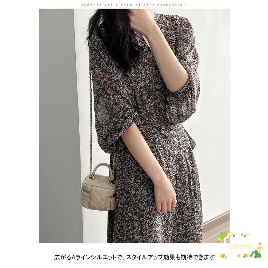 シフォンワンピース レディース ロングワンピース 花柄 Vネック 長袖 フレア 裏地付き 柔らかい 涼しい 女性らしい ゆったり 春夏秋