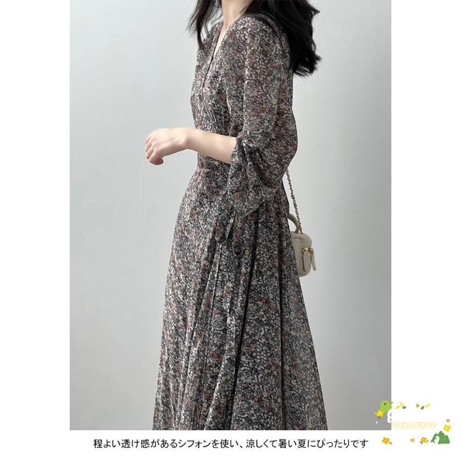 シフォンワンピース レディース ロングワンピース 花柄 Vネック 長袖 フレア 裏地付き 柔らかい 涼しい 女性らしい ゆったり 春夏秋