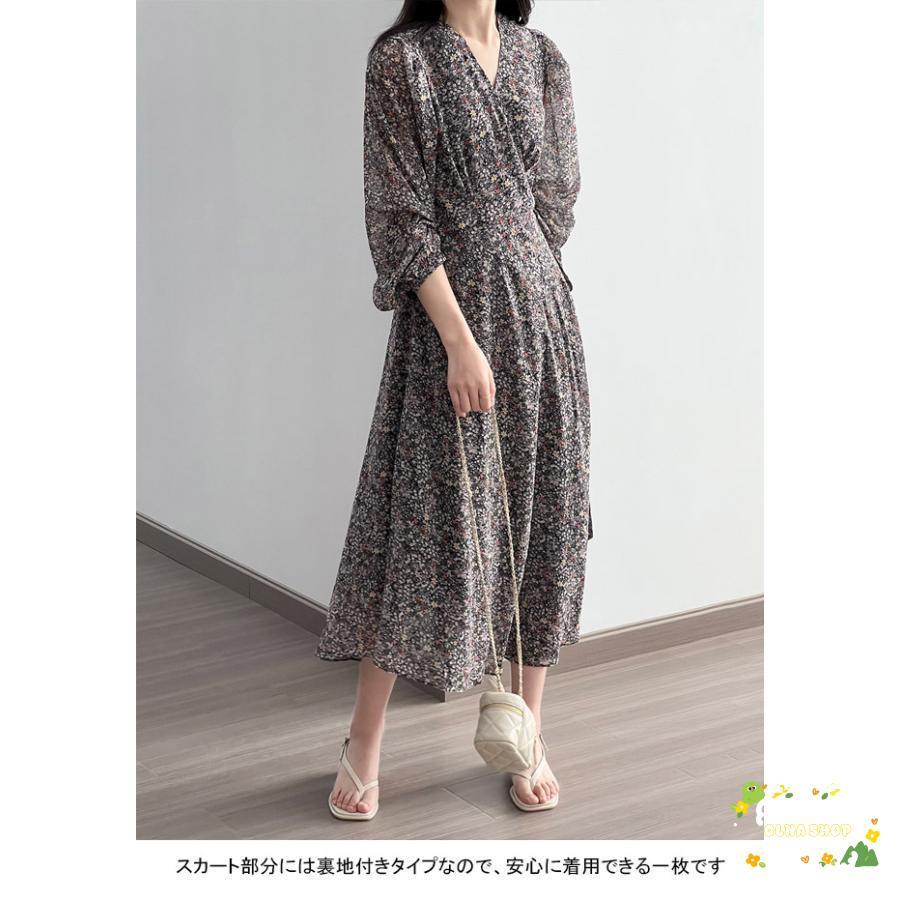 シフォンワンピース レディース ロングワンピース 花柄 Vネック 長袖 フレア 裏地付き 柔らかい 涼しい 女性らしい ゆったり 春夏秋