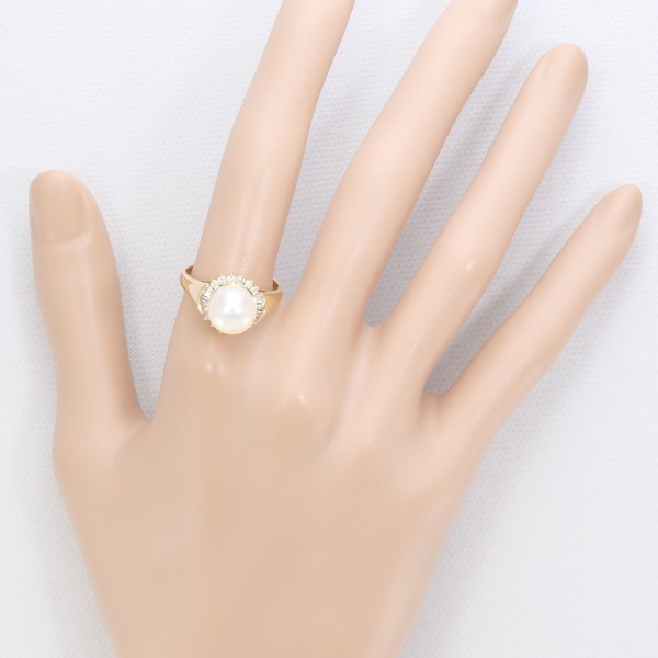 K18 18金 YG リング 16号 パール(真珠) 約9mm ダイヤ 0.41 ジュエリー 中古