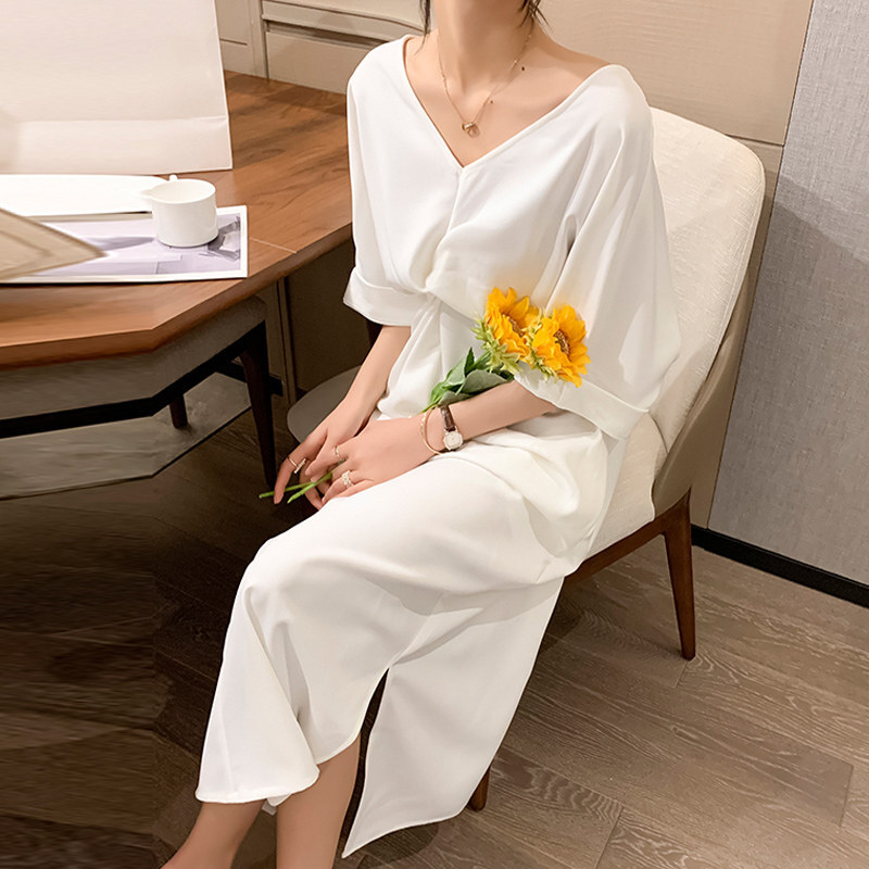 ワンピース ロング ロング丈 9分丈 アンクル丈 袖あり 5分袖 五分袖 Vネック 襟なし