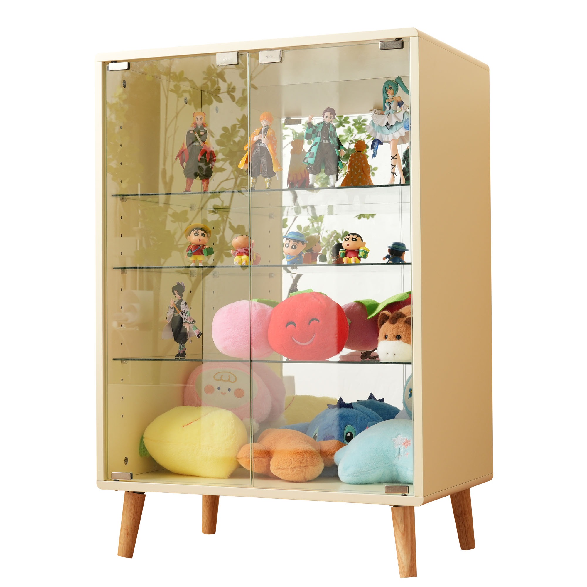 コレクションケース ワイド 大容量 コレクションシェルフ ガラスディスプレイキャビネット 4段 高さ調節可能 背面ミラー 強化ガラス棚 サイズ：幅60*奥行43*高さ88CM ベージュGG7061 G