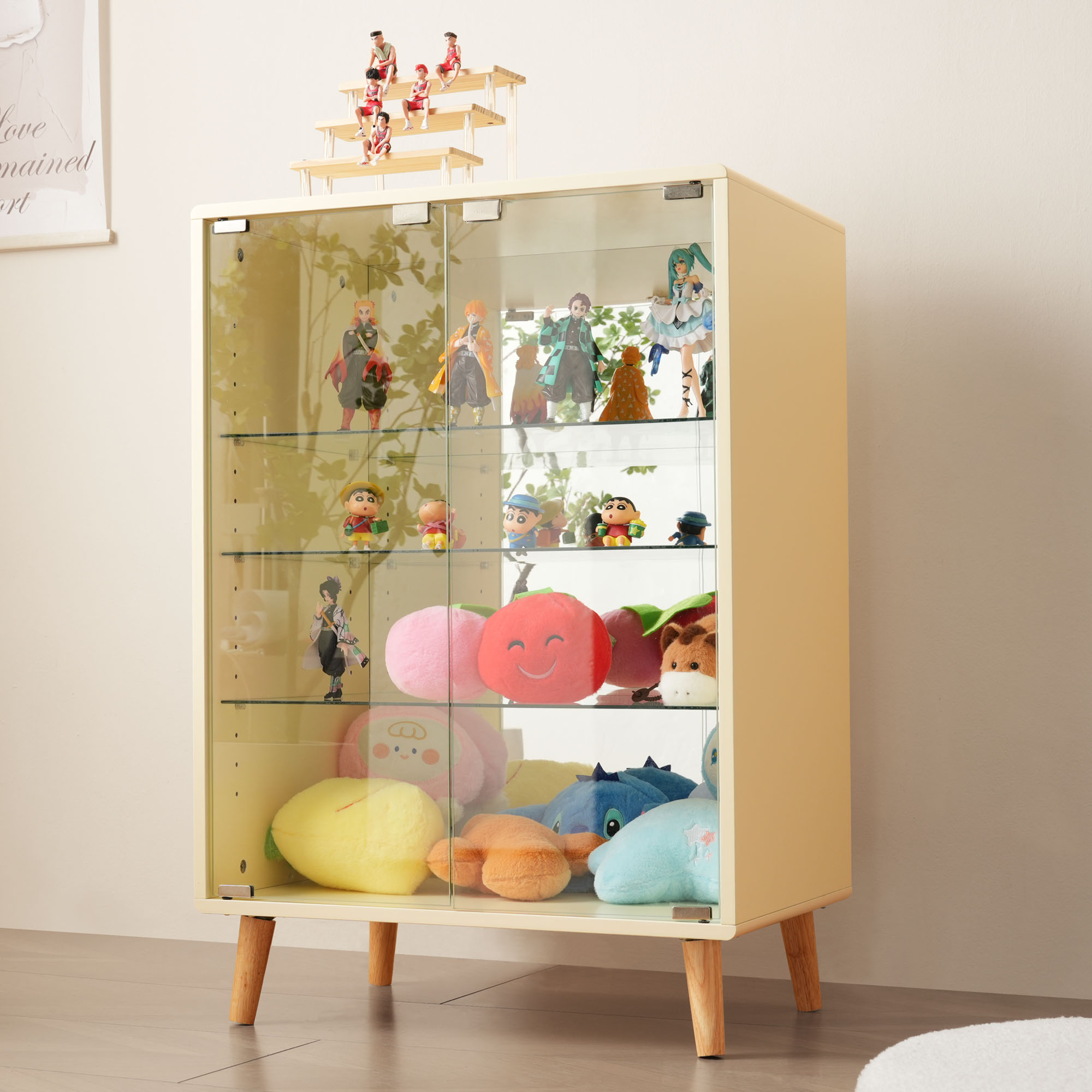 コレクションケース ワイド 大容量 コレクションシェルフ ガラスディスプレイキャビネット 4段 高さ調節可能 背面ミラー 強化ガラス棚 サイズ：幅60*奥行43*高さ88CM ベージュGG7061 G